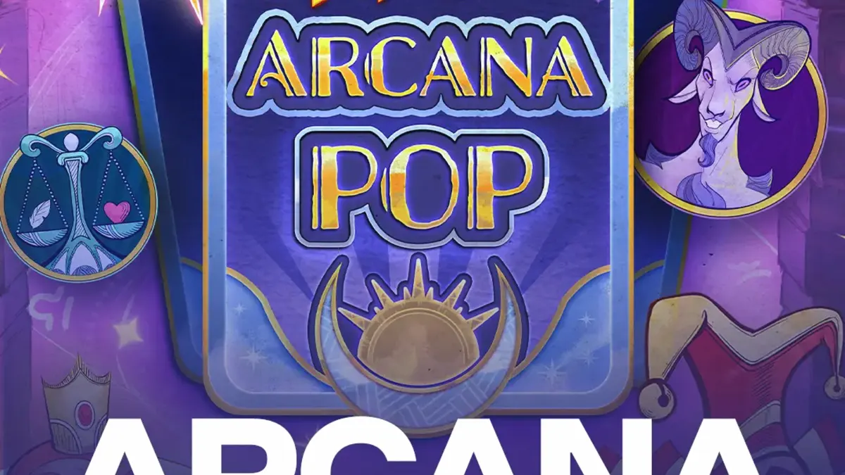 Tampilan visual slot Arcana Pop dengan tema tarot dan simbol mistis.