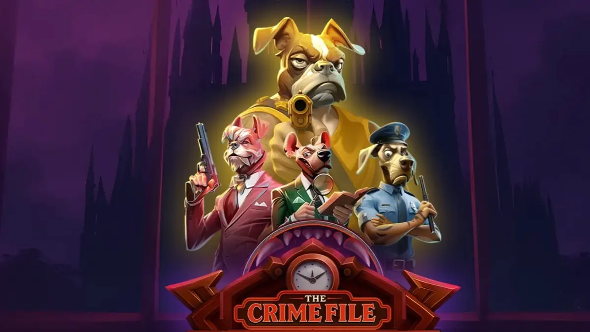 Tampilan visual noir dari slot The Crime File dengan detektif anjing.